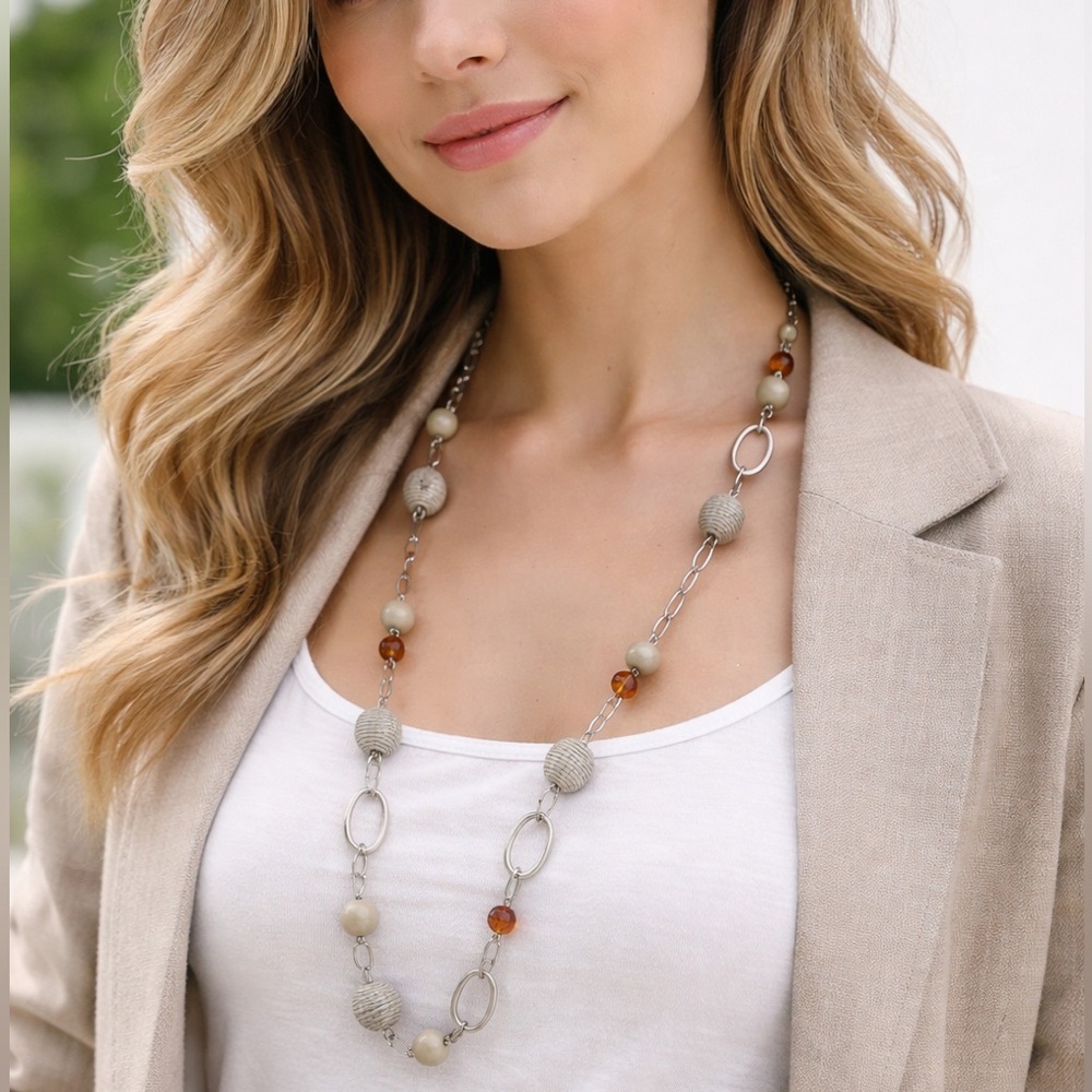 Neutral Beaded Long Statement Necklace - Beige, Gray & Amber